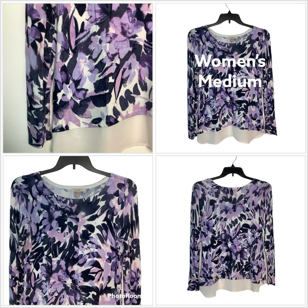 Women's Roz & Ali M Medium 8 - 10 Sweater Crew Floral Flowers Purple Colorful